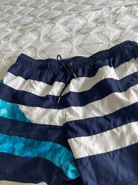Lands' End Men's 6" Volley Swim Trunks Blue and White Striped Size XL
